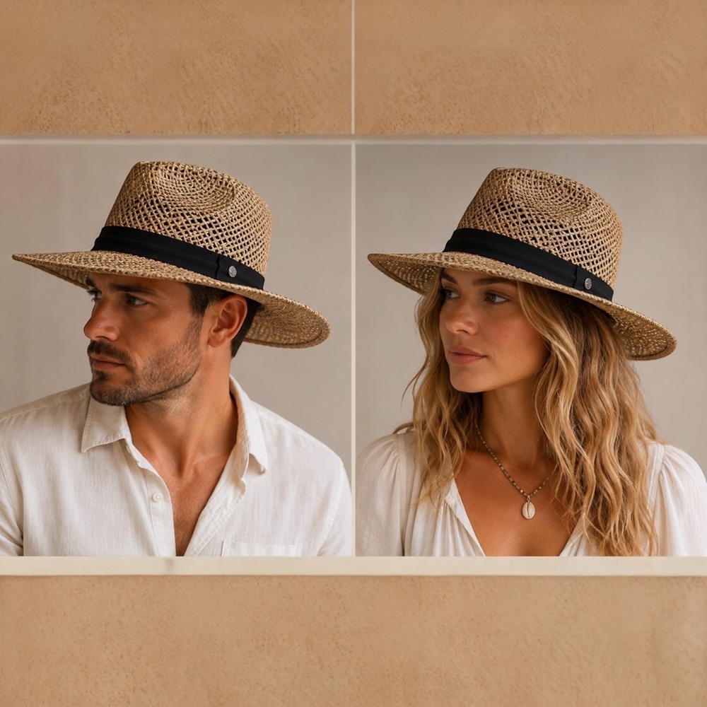 Peter Grimm True Character Straw Fedora Hat Wide Brim Unisex Beach Resort Safari